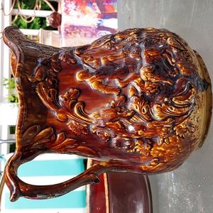 Antique yellow wear 9" large pitcher Bennington Pottery glazed raised 1800